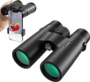 12x42 HD Binoculars for Adults High Powered with Phone Adapter, Low Light Larger View SMC Lens & Brighter BAK-4 Prism, Waterproof FogProof Binoculars for Bird Watching Travel Cruise Ship Hunting Black