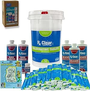 Rx Clear Pool Opening Chemical Maintenance Kit Plus for Above Ground or Inground Pools | for Pools Up to 30,000 Gallons | Includes Chlorine Tabs, Super Shock, 50% Algaecide, Clarifier and Test Strips