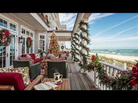 1 Hour Cozy Coastal Porch Ambience 🌊🎄 Christmas Decor + Ocean Wave Sounds for Relaxation & Study