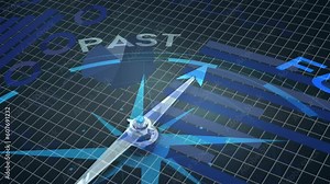 Animation of data processing over compass with needle moving from past to future text Stock Video