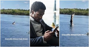 Video shows thrilling moment crocodile stretches from water to eat drone