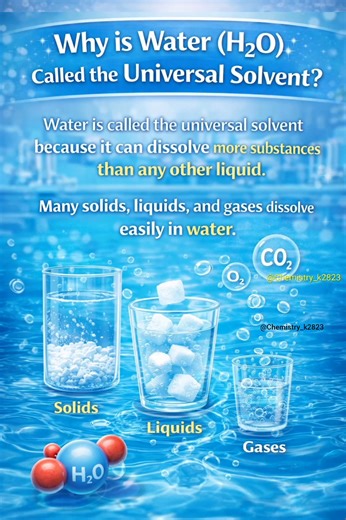 💧 Importance of Water as a Universal Solvent Description: Water is called the universal solvent because it has the ability to dissolve a wide variety of substances, including salts, sugars, acids, and gases. This unique property is due to its polar nature and hydrogen bonding. In living organisms, water acts as a medium for biochemical reactions, helps in the transportation of nutrients, minerals, and waste products, and maintains proper body functions. In daily life and industry, water is wide