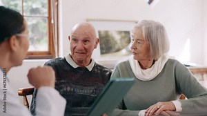 Clipboard, healthcare and doctor with senior couple and caregiver with checklist for health. Homecare, conversation and patient with insurance paperwork and planning in retirement with consultation