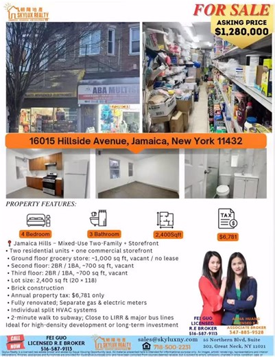 🆕Mixed-use brick building featuring two residential units and one commercial storefront. Ground floor offers approx. 1,000 SF retail space, vacant. Second and third floors each feature a 2BR/1BA apartment approx. 700 SF, both vacant. Lot size 2,400 SF (20×118). Fully renovated with separate gas and electric meters and individual split HVAC systems. Low annual property tax of $6,781. Prime location—2-minute walk to subway, close to LIRR and major bus lines. Ideal for development or long-term inv