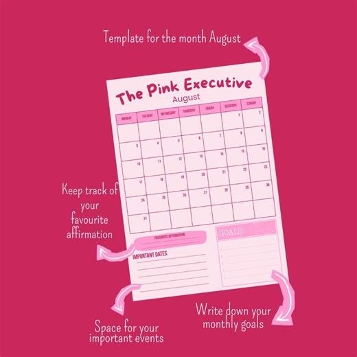 Pink August Calendar Template 2026 | Printable Monthly Planner | Affirmations   Goals   Important Dates - Etsy