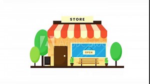 Shop animation with menu board ornament and leaves for sales transaction activity. Animation of a food or apparel business store.