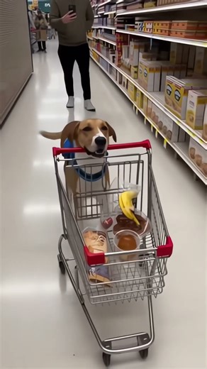 Dog Pushing Shopping Cart