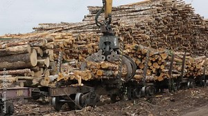 Tree trunks are picked up by a loading machine and distributed to different deposits. A large grab that loads a stack of logs. Stacks of freshly cut trees are being overloaded