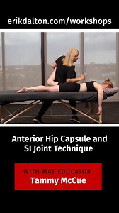 Anterior Hip Capsule and SI Joint Technique with MAT Educator Tammy McCue In this outtake, MAT Educator Tammy McCue demonstrates one technique Erik uses to improve free movement in the anterior hip capsule. To set up for this technique, your client is prone, and you are standing on their left side, facing towards their head. Flex the client’s left knee and hook your left arm around their ankle. Rest your right forearm just lateral to the sacrum, where you can feel the fibers of the external rota