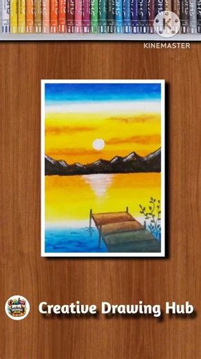 🌅✨️ Easy Sunset Pier Scenery Drawing/ Oil Pastel Art Tutorial #shorts #drawing #art #shortsfeed