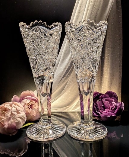Pair of American Brilliant Cut Crystal 10-inch Vases - Etsy