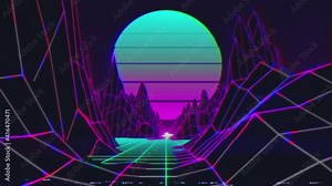 4K retro loop animation. Synthwave vintage 3D neon landscape. VHS VJ background