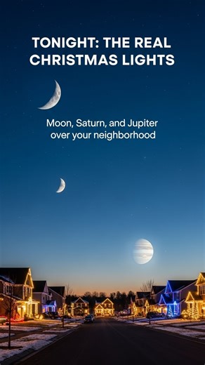 On Christmas night, the sky over the United States looks like a second set of lights, hung far above the streets. After dark, a bright crescent Moon glows in the southwest, with Saturn not far above it and Jupiter rising in the east as the evening deepens. The Moon is only partly lit, but its sunlight is strong enough to cast faint shadows on snow and sidewalks. Saturn is softer, a pale lantern higher up. Farther across the sky, Jupiter climbs toward Gemini, already brighter than every star arou