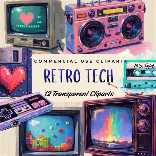Retro Gaming Tech Transparent Clipart, Printable Illustrations Graphics, Sublimation Craft, Junk Journal Decals, - Etsy