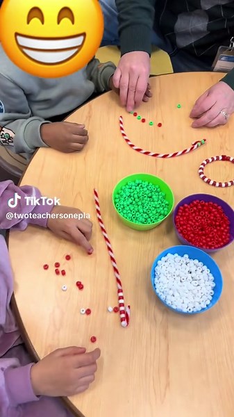Our students make wreath ornaments using pipe cleaners and pony beads to make an AB pattern. We then hang them on our class Christmas Tree #christmas #preschool #ornaments #math #teacher