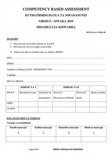 Grade 5 Kiswahili Mid Term 2 2025 Exam