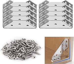 10 Pack Stainless Steel Corner Brackets with Screws, Angle Corner Brackets for Wood, Corner Braces for Shelves Wood Furniture Chair Drawer Cabinet