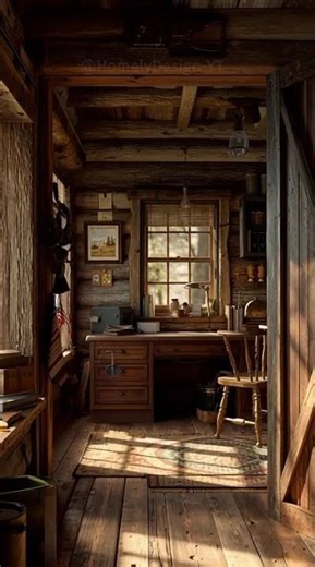 Rustic Cabin Workspace: Wood, Light & Cozy Creativity ✨ #RusticOffice #HomeOffice
