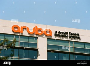 Signage with logo at the Silicon Valley headquarters of Hewlett Packard (HP) enterprise company Aruba Networks, Santa Clara, California, August 17, 2017 Stock Photo - Alamy