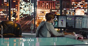 Female Fashion Designer Working with Holographic Augmented Reality 3D Model. Young Woman Creating New Clothing Collection. Scientific Technology. Fashion and Art Concept.