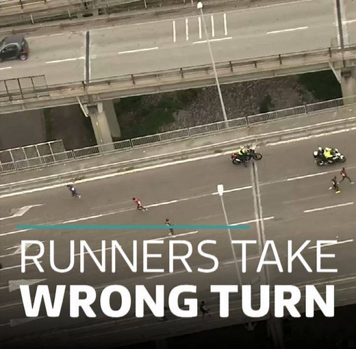 Things didn't go to plan for the frontrunners in the Venice Marathon when they took a wrong turn - leaving a local runner to cross the line first. More: http://bit.ly/2yBihgx | ITV News