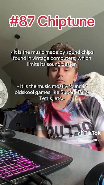 Day 87: Chiptune Chiptune is a style of electronic music created using the sound chips found in vintage computers, video game consoles, and arcade machines. Its hallmark sound comes from the technological limitations of early hardware, which could only produce a few simple waveforms (like pulse, triangle, and noise) and had a limited number of audio channels. Key characteristics: \t•\tUses basic waveforms and simple, catchy melodies \t•\tLimited polyphony, often just 1–4 simultaneous sounds \t•\