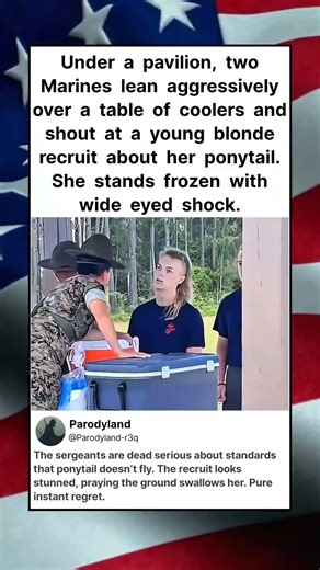 Under a pavilion, two Marines lean aggressively over a table of coolers and shout #shorts