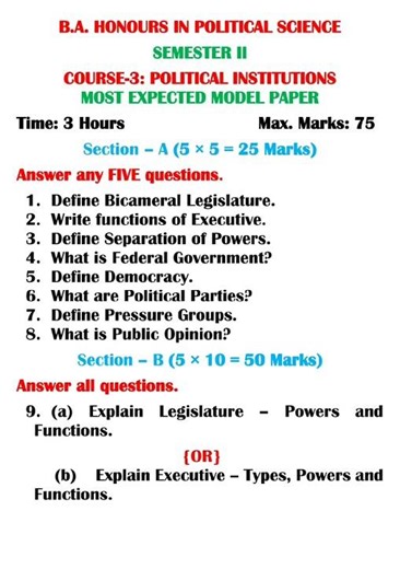 B.A. Honours Political Science | Semester II | Political Institutions Model Paper | 100% Success