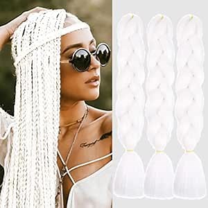 White Braiding Hair Extensions 24 Inch 3 Packs Synthetic High Temperature Jumbo Braiding Hair Twist Crochet Braids Hair for Women(60#)