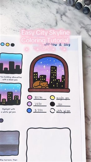 Jojo 🧚🏻‍♀️ on Instagram: "Very simple and easy city skyline coloring tutorial 💕Gradient- RV180, VO30, B350 wet on wet 💕Wait for it to dry 💕add your buildings with 120 💕wait for it to dry 💕add your windows and sparkles Markers @bianyomarkers #Coloring #coloringtutorial #coloringbookforadults"