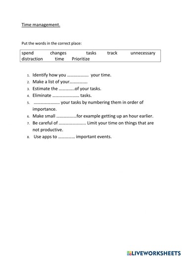 Time management 2 worksheet