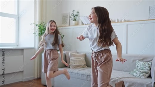 Playful teenage girls dancing barefoot on soft rug in home living room. The girls are rehearsing their contemporary performance at home.