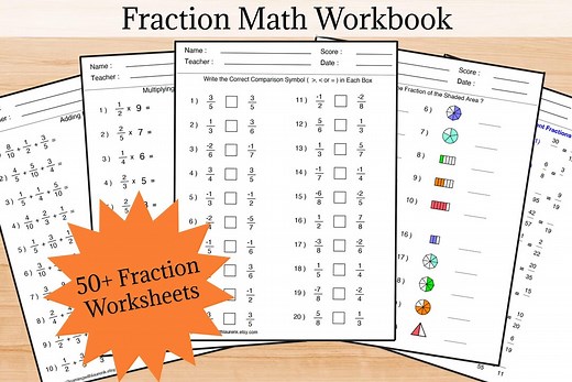Fraction Practice Worksheet Packet | Math Work Grades 3-6 | 56 Fraction Worksheets Easy, Medium, and Hard | Homeschool Math | 4th Grade Math - Etsy