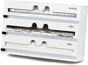 3 in 1 Plastic Wrap Dispenser with Cutter and Labels, Plastic Wrap, Wax Paper and Aluminum Foil Dispenser for Kitchen Storage Organization, Natural Bamboo Roll Organizer Holder for Kitchen Drawer