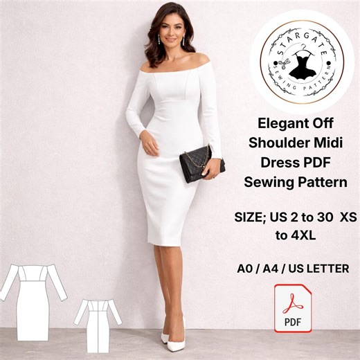 Elegant Off Shoulder Midi Dress PDF Sewing Pattern (Digital Download)
