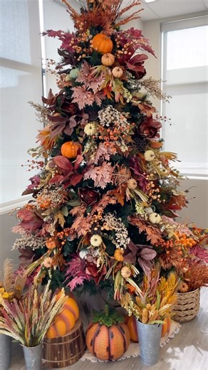 2.5K views · 2.2K reactions | Watch our Fall Floral Tree come together for 2023! This is a large 9ft tree, so it took a lot of product to fill, but we have plenty to choose from here at The Wreath Shop! Pumpkins, maple leaves, magnolia leaves, berries, and more! We hope you’re inspired to decorate your own tree!   #falltree #fallflorals #falltreedecorating #treedecorating #thewreathshop | The Wreath Shop | Facebook
