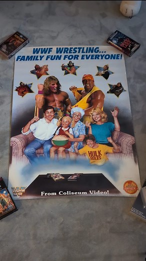 I somehow ended up with the perfect WWF time-warp two-pack, and both of these posters are in awesome condition. First one is this 1991 Coliseum Video promo poster… straight-up video rental store ephemera. This is the kind of thing Blockbuster would’ve pinned above the counter to move those Coliseum tapes. You’ve got Hulk Hogan, Ultimate Warrior, full early-90s cartoon hero energy, the exact vibe every wrestling kid had burned into their brain. Then it gets even better, this 1994 Acclaim RAW IS W