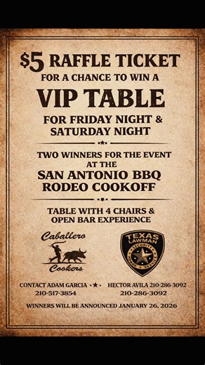 🎟️ $5 raffle tickets 🎟️ Enter for your chance to win a VIP table at our upcoming event at the San Antonio Stock Show & Rodeo BBQ Cook-Off! In our private tent. All proceeds go to Kash for kids. Contact me for presale tickets and raffle tickets. 210-517-3854 #sanantonio #texas #ftp #fypage