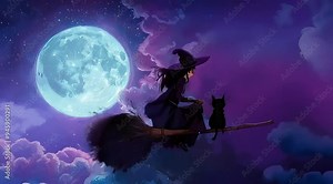 A witch floats in the air on her broom, with a black cat perched at the other end, as they both admire the full moon against a starry night background, creating a Halloween-themed scene.