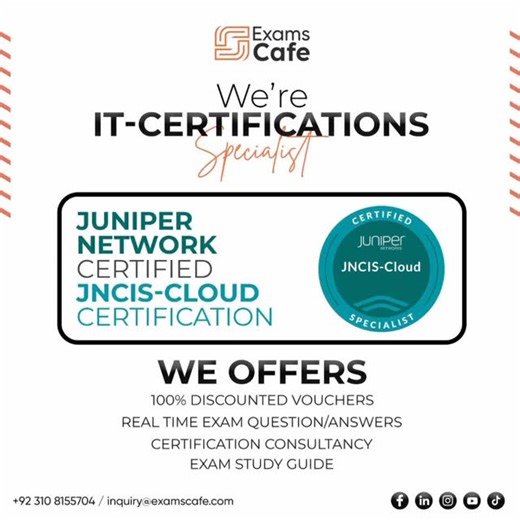 Your ultimate IT-Certifications Partener. Become a Juniper Network Certified JNCIS-Cloud Certification. We Offer: 💰 100% Discounted Vouchers 📋 Real Time Exam Questions & Answers 📞 Certification Consultancy 📖 Exam Study Guides & Many More! Get certification details now on WhatsApp wa.me/923108155704 #examscafe #juniper #jncis #cloud #junipernetwork certifications | Exams Cafe