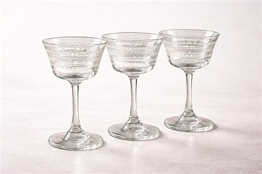 Antique Hand Blown Crystal Cordial Glasses Set | Needle Etched Greek Key Pattern - Etsy