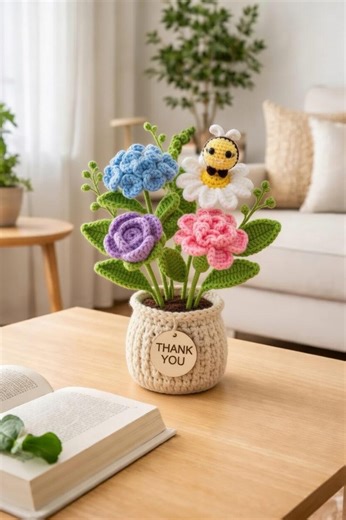 Multiple Crochet Thank You Flower Pot, Handmade Amigurumi Hydrangea and Rose Bouquet, Bee Gift, Gratitude Gift, Floral Desk Decor R-27032608 - Etsy
