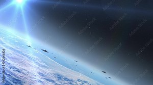 Alien saucer ufo's fleet flying above earth, extraterrestrial concept Alien invasion sci-fi concept,4K, 2024