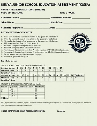 Grade 7 Pre-Technical Studies Paper 1 Mid Term 3 2025 Exam