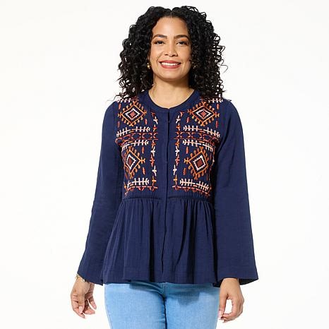 IMAN Global Chic Embroidered Woven Button-Front Blouse | HSN