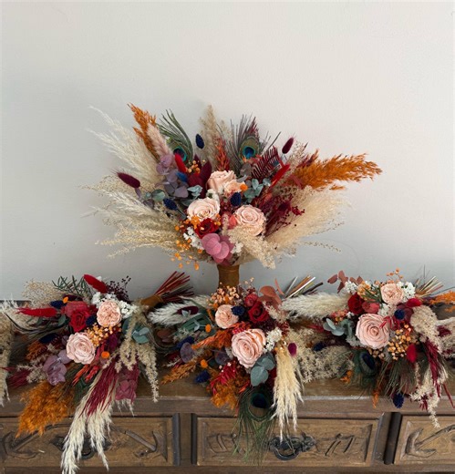 Wedding Bouquet With Peacock Feather, Orange and Emerald Green Bridal Flowers - Etsy