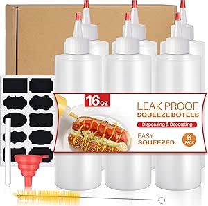 Sopito Squeeze Bottles, 16oz Plastic Condiment Squeeze Bottles with Labels & Funnels & Brusher for Liquids Sauces Ketchup Oil, 6 Pack