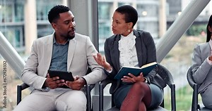 Tablet, interview and business people in a waiting room talking about job information or notes in conversation. Discussion, communication and corporate candidate group speaking of work opportunity