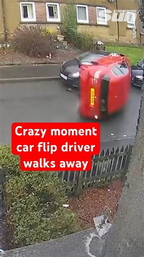 Crazy moment woman flips car on its roof - but INCREDIBLY walks away