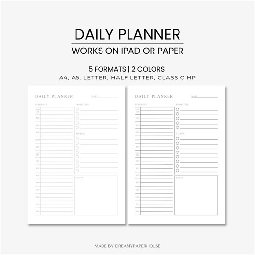 Minimalist Daily Planner Printable, Daily Schedule, To-do List, Notes, PDF & PNG, A4 A5 Letter Half Letter Classic HP - Etsy
